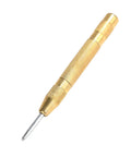 Close-up of a gold Automatic Center Punch For Metal And Wood Featuring Spring Loaded Kick and Adjustable Knob, precision tool.