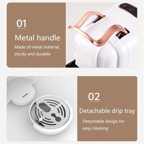 Metal handle of 4 In One Compact Coffee Maker offers sturdy grip; detachable drip tray for easy cleaning.