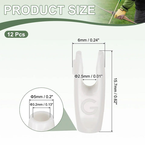 Plastic Arrow Nocks For Archery 3.2mm ID 0.13 Inch Insert Double Lock Nocks For Carbon Compound And Recurve Bow Replacement Tails 12 Pack White Built-To-Last Easy Install, showing dimensions and structure.