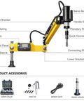 Heavy Duty Electric Tapping Machine M3 To M16 With 360 Degree Adjustable Arm and Eight Piece Collet Set, side view with labeled parts.