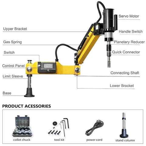 Heavy Duty Electric Tapping Machine M3 To M16 With 360 Degree Adjustable Arm and Eight Piece Collet Set, side view with labeled parts.