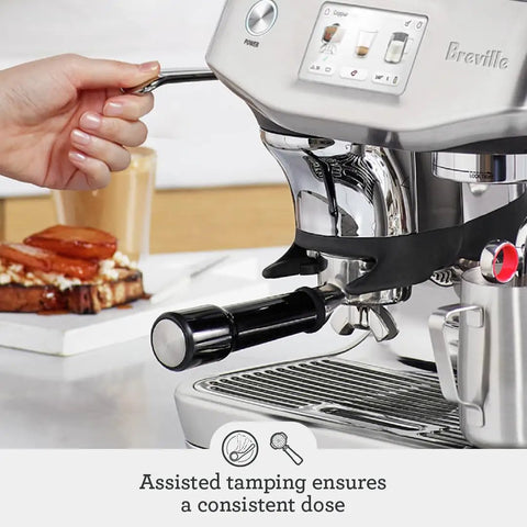 Absolute Game Changing Slick Espresso Machine In Damson Blue With Auto Milk Steaming Precision Tamping And Cold Brew Function For Smooth Latte Art And Major Home Cafe Vibes Touchscreen Daily, showcasing assisted tamping feature.
