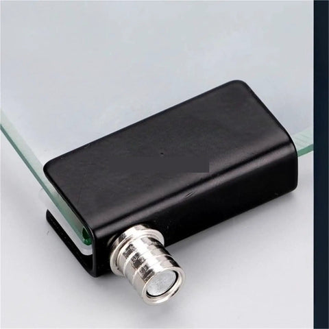 Close-up of Two Pack Stainless Steel Glass Door Hinges for 5-8mm framed in black housing.