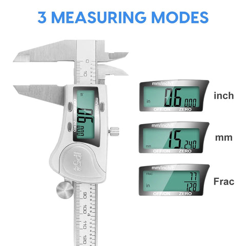 IP54 Waterproof Digital Caliper Tool No Frills With Large LCD Screen Stainless Steel Vernier Caliper for 0 to 6 Inches showing measuring modes