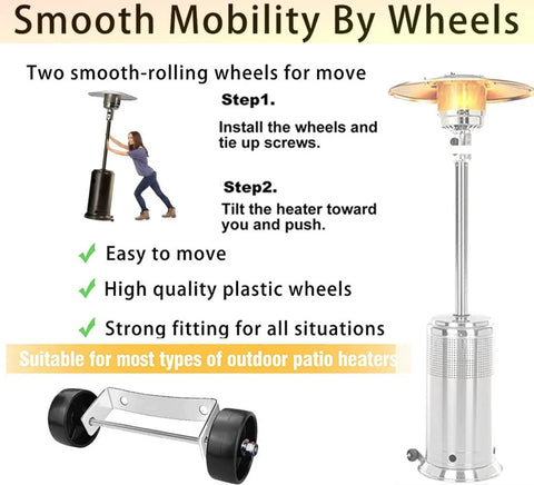 Patio heater wheel kit with stainless steel silver bracket and black wheels for easy mobility
