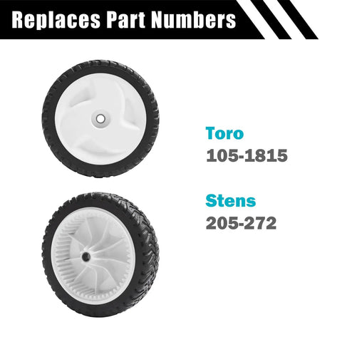 8 Inch Front Drive Wheel Set For Toro 22 Inch Recycler Self Propelled Lawn Mower Replacement 105-1815 showing top and side view