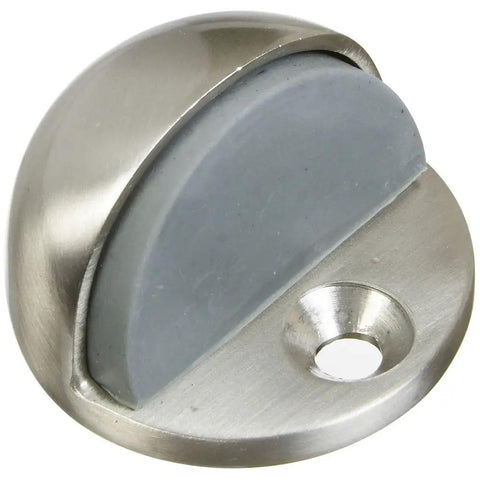 Floor Door Stop With Solid Brass Construction And Rubber Bumper For Wall And Door Protection In Satin Nickel Finish, close-up view
