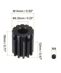 6.35mm Bore 12T Mod 1 Pinion Gear For RC Car Differential Made From 15 Steel With Black Oxide Finish, dimensions shown