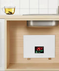 Heavy Duty 3000W Tankless Electric Water Heater With Slick LCD Screen And Cast Aluminum Core for kitchen cabinet installation.