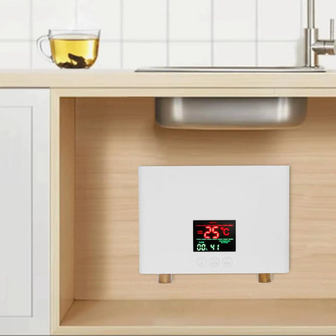 Heavy Duty 3000W Tankless Electric Water Heater With Slick LCD Screen And Cast Aluminum Core for kitchen cabinet installation.