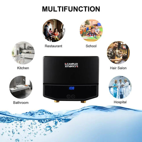 Under Sink Tankless Electric Water Heater 3.5kW Point Of Use Instant Hot Water At The Sink 120V unit with multifunction usage icons