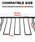 Front view of the Two Pack Drill Holder Wall Mount Organizer for Power Tools showing dimensions and size compatibility.