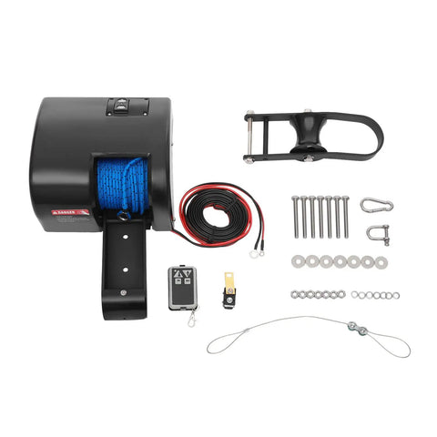 35lb Boat Electric Anchor Winch 12V Saltwater Windlass System With Remote Control 100ft Anchor Rope Heavy Duty Towing Winch For 24ft Boats Built Tough Rust Proof Construction ABS And Stainless Steel, shown with rope, remote, wiring, and mounting hardware