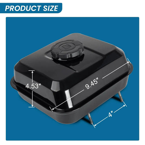 Heavy Duty Gas Fuel Tank Replacement For 208cc 163cc 5HP 6.5HP OHV Engines with measurements shown on durable steel body