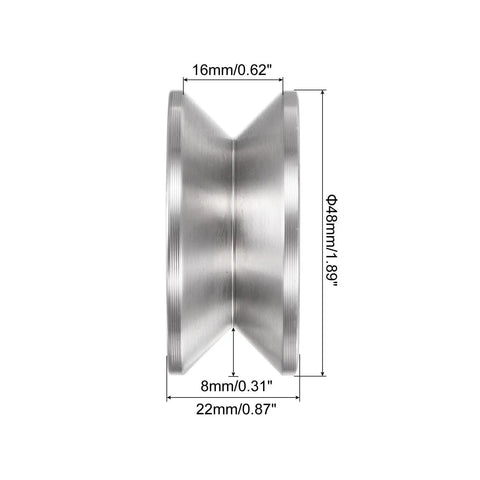 Stainless Steel 2 Pack 1.89 Inch V Groove Track Casters With Double Bearing Rollers, side view showing dimensions and design.
