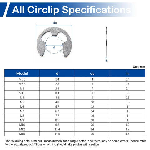 Heavy Duty External Retaining Rings Kit M4 E Clip Circlip 304 Stainless Steel dimensions chart with specifications