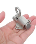 Spring Latch Lock for Cabinets and Windows, Zinc Alloy Self Closing Bolt Latch in hand, silver durable metal, smooth finish