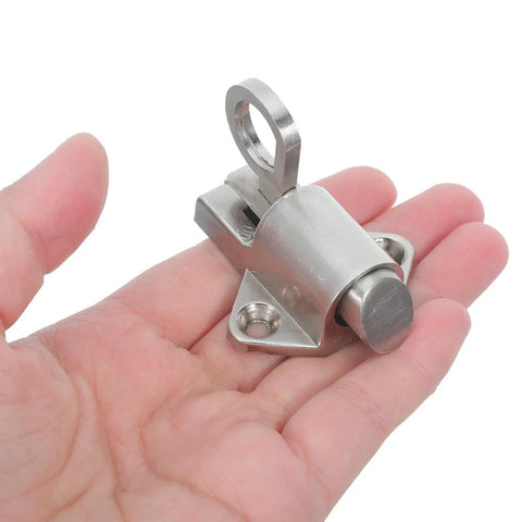 Spring Latch Lock for Cabinets and Windows, Zinc Alloy Self Closing Bolt Latch in hand, silver durable metal, smooth finish