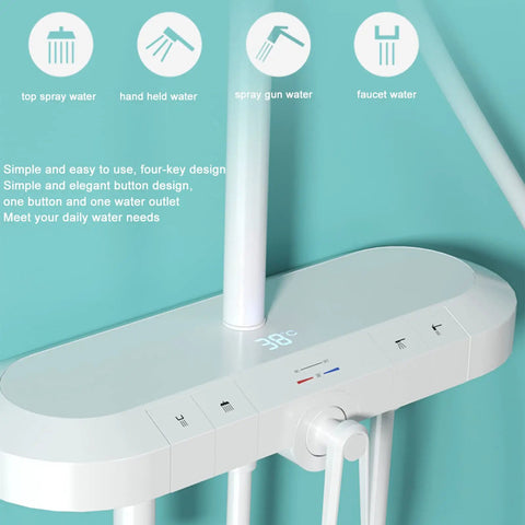 Premium Thermostatic Shower System With Led Digital Display Rainfall Head Wall Mounted Bathroom Faucet Set Includes Liftable Rod And Built In Soap Tray Straight Up Flex For Any Home - Digital control panel with four buttons.