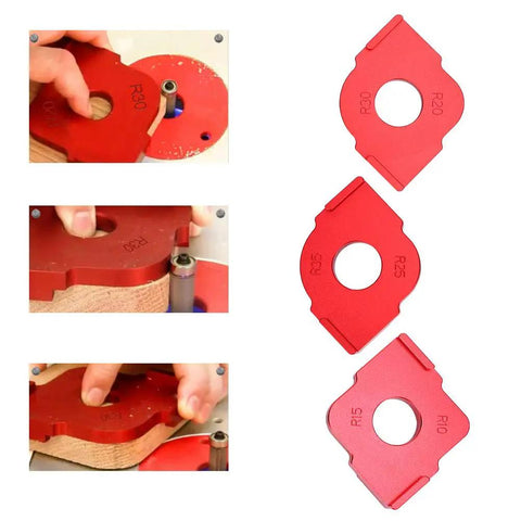 Heavy Duty Aluminum Router Template Jig And Precision Radius Corner Locator With Half Fillet Measuring Set R10-R35 shown in use and display.