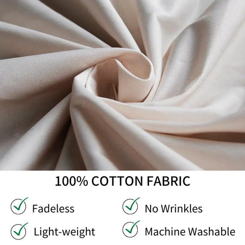 Close-up of 100% cotton fabric promoting fade resistance, lightweight, wrinkle-free, and machine washable properties.