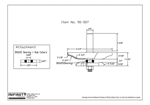 Technical drawing of One Half Inch Shank Ogee Raised Panel Router Bit with Backcutter, dimensions and components labeled.