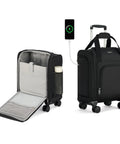 Black underseat carry-on luggage 16 inch with wheels, open and closed views, featuring spacious compartments and USB charging port.