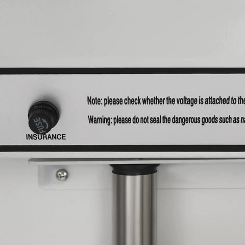 Close-up of control panel on Heavy Duty Handheld Shrink Wrap Sealer Machine With 24 Inch Quick Cut Blade showing voltage warning.