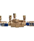 Top Shelf Bronze Double Check Backflow Valve With Fast Quarter Turn Shutoff And Industrial Grade Durability Designed As A Reliable Workhorse For Household Water Line Protection Rated At 175 Pounds Per Square Inch shown from side angle.