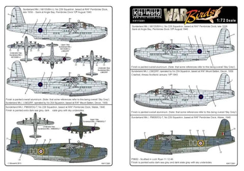 One To Seventy Two Scale Mk I Sunderland Decal Set For Model Aircraft Hobbyists And Plane Nerds, Multicolor Water Slide Decals