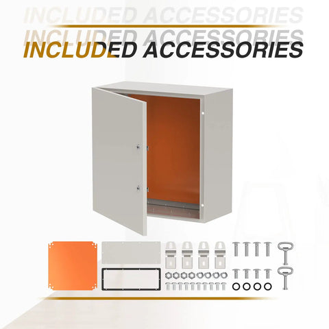 Rugged Steel Electrical Enclosure 24 By 24 By 8 Inch IP66 Waterproof Wall Mounted Box with included mounting accessories.