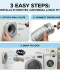 3-step install guide for Magnetic Dryer Vent Coupling 4 Inch Kit With Quick Release Airtight Duct Connector 2.6 Ft Flexible Aluminum Hose