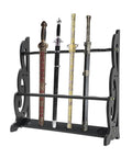 Six Hole Floor Standing Sword Display Rack With Adjustable Top And Bottom Plates, Heavy Duty Katana Holder, black finish, four swords displayed