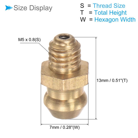 Brass Straight Grease Fitting M5x0 8mm Hydraulic Nipple 5 Pack with dimensions, showing thread and hexagon width details.
