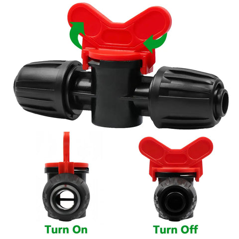 Thirteen Piece One Half Inch Drip Irrigation Shut Off Valves Kit with barbed lock nut connectors in turn on and off positions