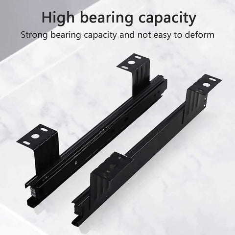 Heavy Duty Under Desk Keyboard Slide Full Extension Telescopic Track Rail showing black steel construction with high bearing capacity.