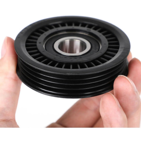 Heavy Duty 2 Pack Belt Idler Pulley Set For Subaru Baja 2003 To 2006 Impreza Legacy Outback Reliable Replacement Part Fits Oem Numbers 73131-FC000 And 73134-AC001 Durable Black Finish black belt idler pulley with bearing, held by hand