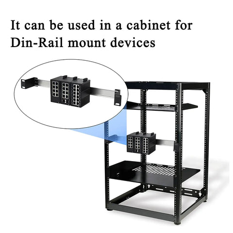 All In One 19 Inch DIN Rail Chassis Bracket Kit for 35mm DIN Mounted Gear installed in cabinet with device mounted