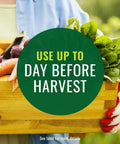 Person holding vegetables with text 'Use up to Day Before Harvest,' related to Neem Oil Spray For Gardening Ready To Use Pest And Disease Control For Houseplants And Home Gardens 1 Gal Bottle Insect Killer And Fungicide Kills Aphids Whiteflies Spider Mites Japanese Beetles Fruit Flies Scales.
