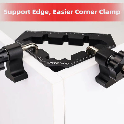 Hella Heavy Duty 45 And 90 Degree Corner Clamps For Woodworking Tools Aluminum Alloy Positioning Squares holding a corner joint.