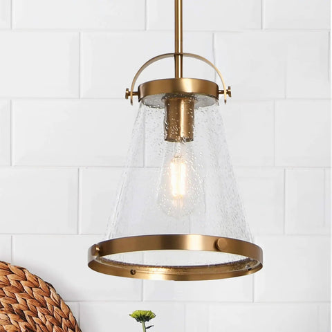 Vintage Inspired Metal And Seedy Glass Ceiling Light In Brushed Gold With A Yoke Mount Trim Ring And Seedy Bubble Diffuser Working Knob Details Edison Bulbs For Warm Cozy Ambience Hardwired Fixture