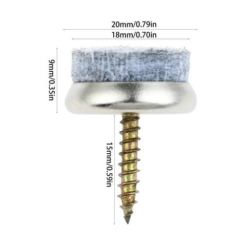Screw-On Felt Furniture Gliders 18mm To 28mm 0.7 To 1.1 Inch Chair Leg Pads for Wooden Floors, side view with screw detail