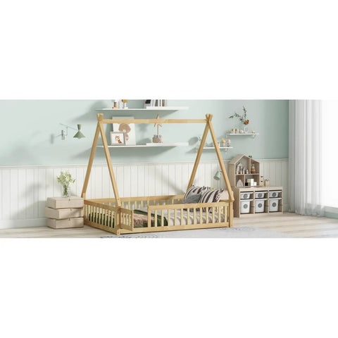 Tent Shaped Floor Bed With Guardrails And Slats For Privacy And Safe Sleep, Durable Rubber Wood And Plywood Frame In Cozy Natural Finish