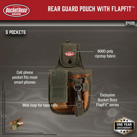 Rear Guard Pouch with FlapFit, 5 pockets, durable brown poly ripstop, phone pocket, web loop for tape, Original Series 54120.
