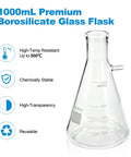 Supercharged Filtration Kit With 1000 mL Buchner Funnel showing borosilicate glass flask, temperature and stability features