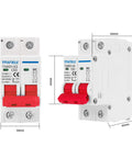 Front and side view of 2P 1000V 63A Solar DC Mini Circuit Breaker with Thermal Magnetic Trip, DIN Rail Mount DC Disconnect Switch.