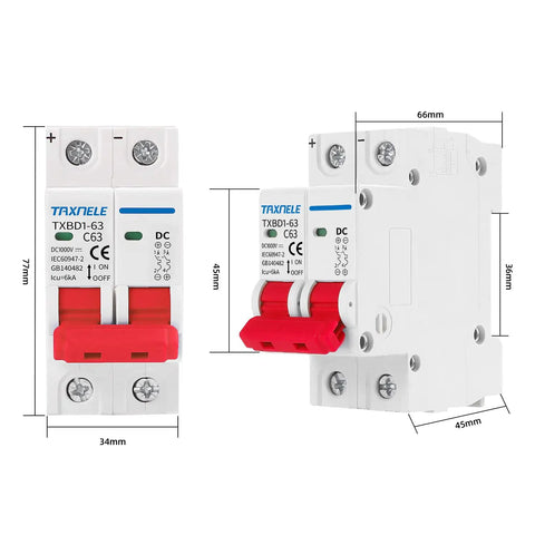 Front and side view of 2P 1000V 63A Solar DC Mini Circuit Breaker with Thermal Magnetic Trip, DIN Rail Mount DC Disconnect Switch.