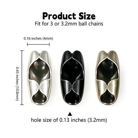 80 Pack Bronze Ball Chain Connectors in 3mm and 3.2mm Sizes with Bronze, Black, and Silver Clips, Durable Metal Fan Pull Chain Connectors for Jewelry, DIY, Crafts size chart