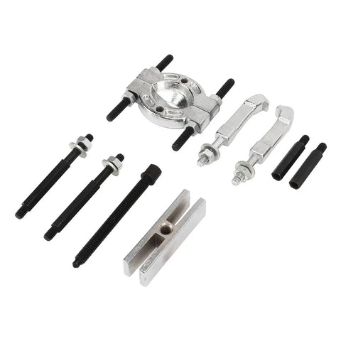 Thinking Process: 9-piece steel bearing splitter puller kit with bolts and jaws for removing wheel hub bearings