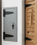 Heavy Duty Black T Hinge Door Gate Hardware For Shed Barn Garage And Cabinet With Included Mounting Screws Cold Rolled Steel Strap Hinge on a light grey door.